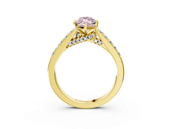 Yellow gold Fancy Pink Marquise  Diamond Solitaire Ring with Pavé Band and Prong Setting