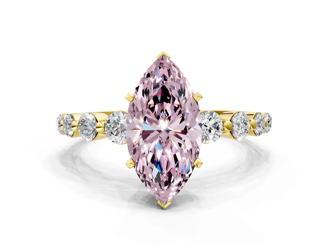 Yellow gold Fancy Pink Marquise  Solitaire Diamond Ring with Pave Band and Four-Prong Setting_245