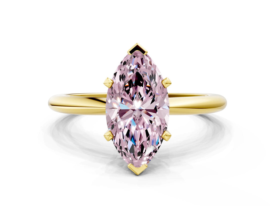 Yellow gold Fancy Pink Marquise  Solitaire Diamond Ring with Six-Prong Setting on a Classic Band