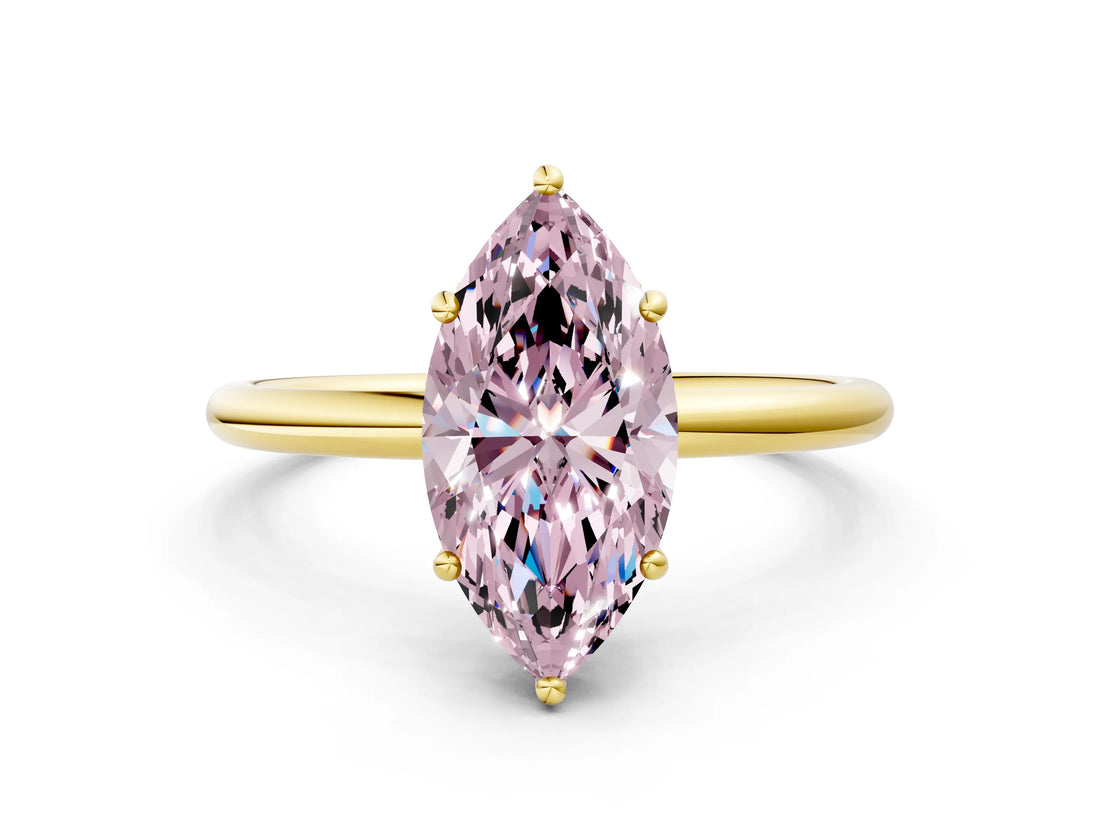 Yellow gold Fancy Pink Marquise  Solitaire Diamond Ring with a Classic Band and Four-Prong Setting