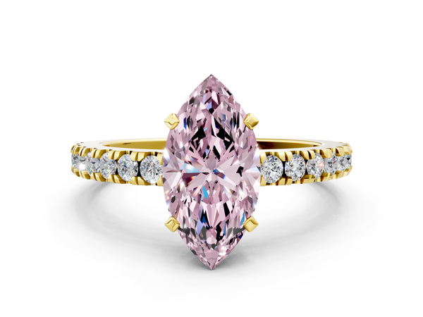 Yellow gold Fancy Pink Marquise  Solitaire Diamond with Pavé Band and Four-Prong Setting