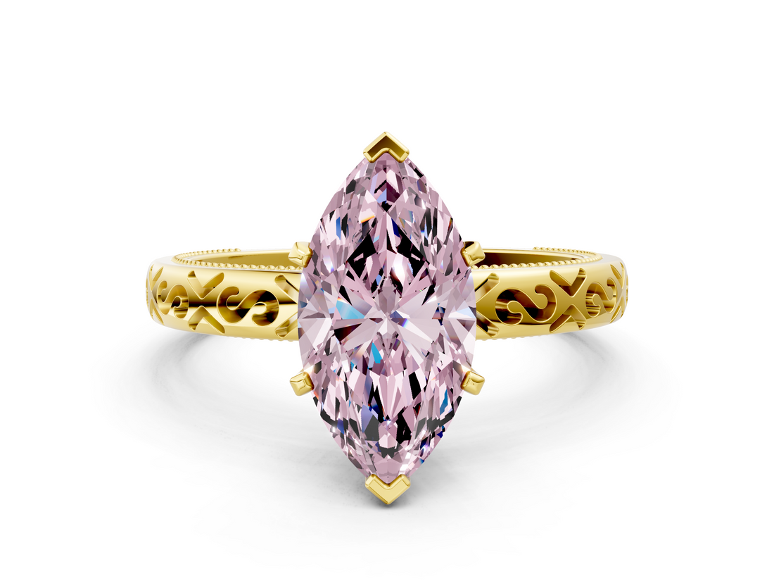 Yellow gold Fancy Pink Marquise  Solitaire Engagement Ring with Scrollwork Band and Four-Prong Setting_133