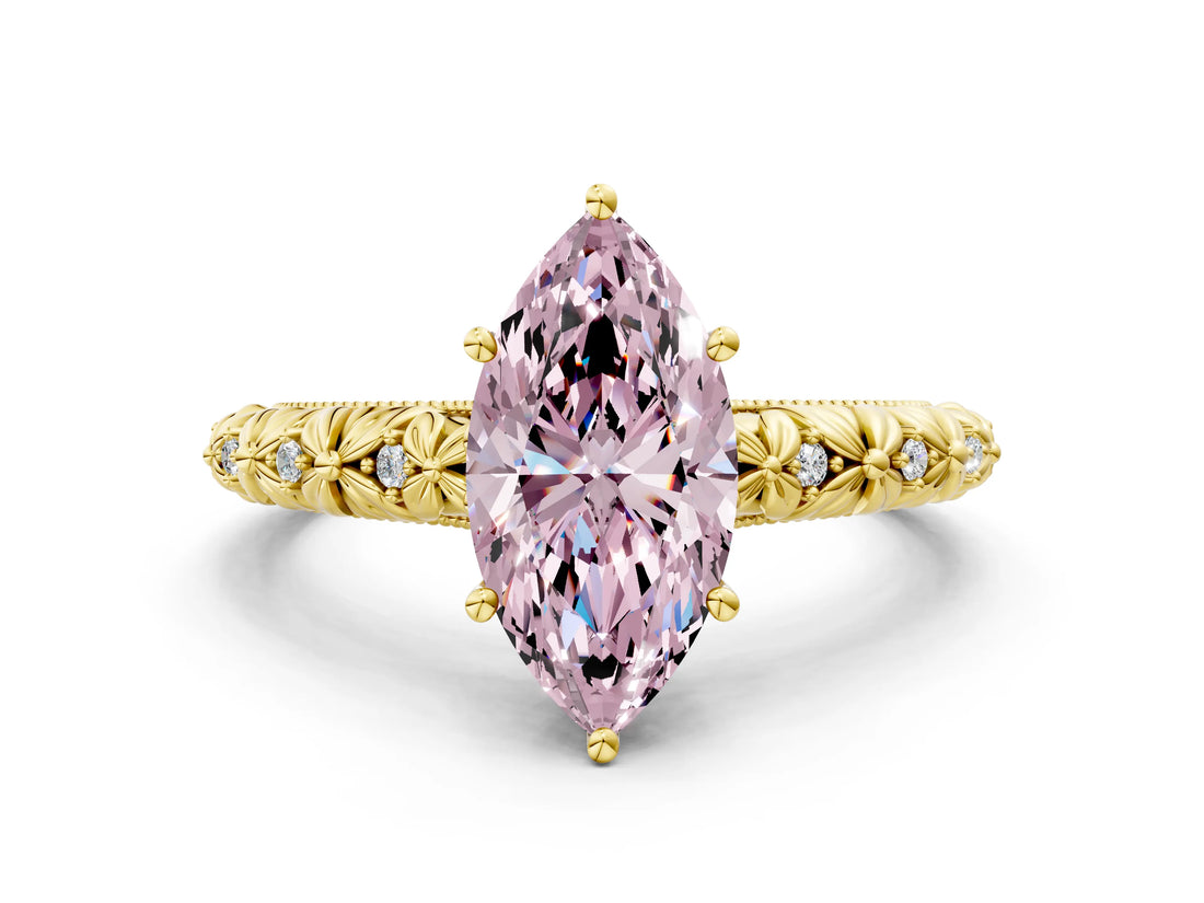 Yellow gold Fancy Pink Marquise  Solitaire Floral Milgrain Engagement Ring_31
