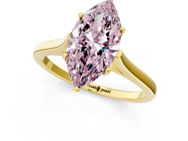 Yellow gold Fancy Pink Marquise  Solitaire Heart Prong Engagement Ring with Tapered Band