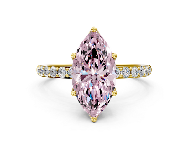 Yellow gold Fancy Pink Marquise Cut Diamond Solitaire Engagement Ring with Round  Pavé Band and Prong Setting