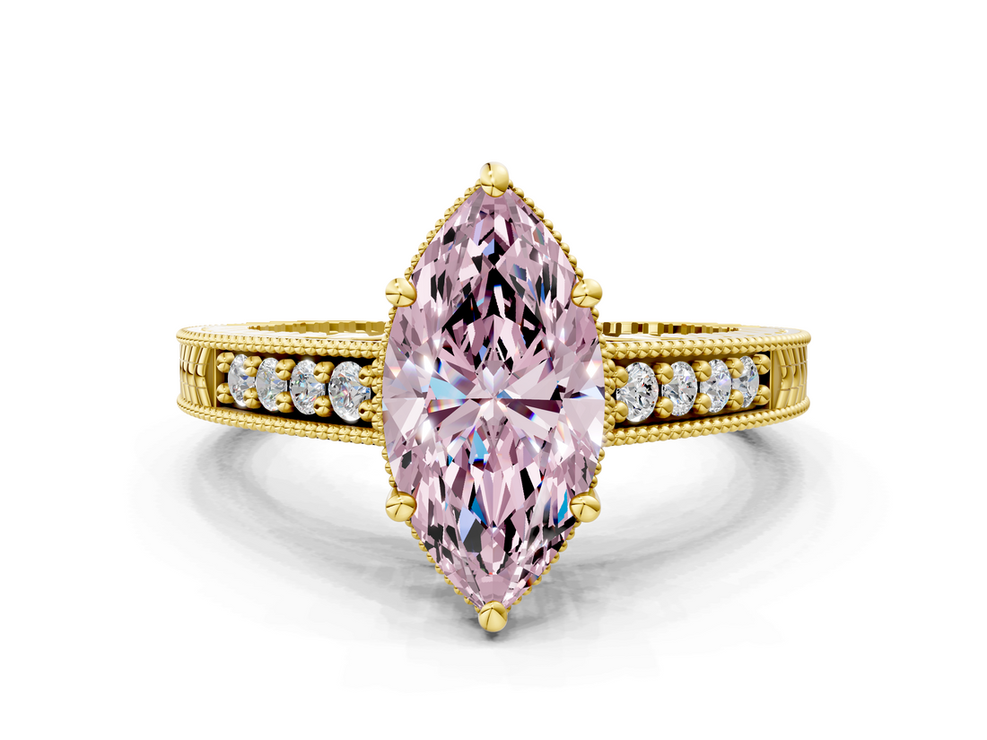 Yellow gold Fancy Pink Marquise  Solitaire Pavé Diamond Milgrain Engagement Ring with Four-Prong Setting_3