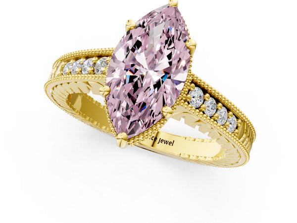 Yellow gold Fancy Pink Marquise  Solitaire Pavé Diamond Milgrain Engagement Ring with Four-Prong Setting