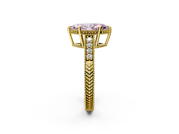 Yellow gold Fancy Pink Marquise  Solitaire Pavé Diamond Milgrain Engagement Ring with Four-Prong Setting