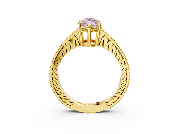 Yellow gold Fancy Pink Marquise  Solitaire Pavé Diamond Milgrain Engagement Ring with Four-Prong Setting
