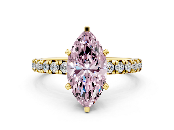 Yellow gold Fancy Pink Marquise  Solitaire Pave Diamond Engagement Ring with Four-Prong Setting