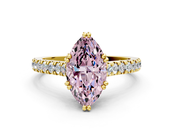 Yellow gold Fancy Pink Marquise  Solitaire Pave Diamond Engagement Ring with Prong Setting