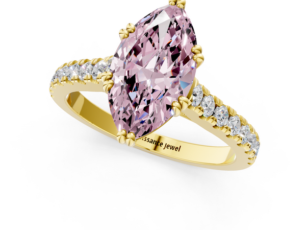 Yellow gold Fancy Pink Marquise  Solitaire Pave Diamond Engagement Ring with Prong Setting