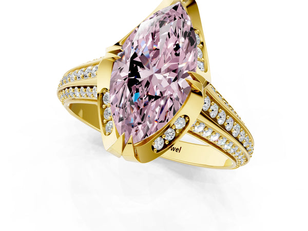 Yellow gold Fancy Pink Marquise  Solitaire Pave Split Shank Ring with Four-Prong Setting