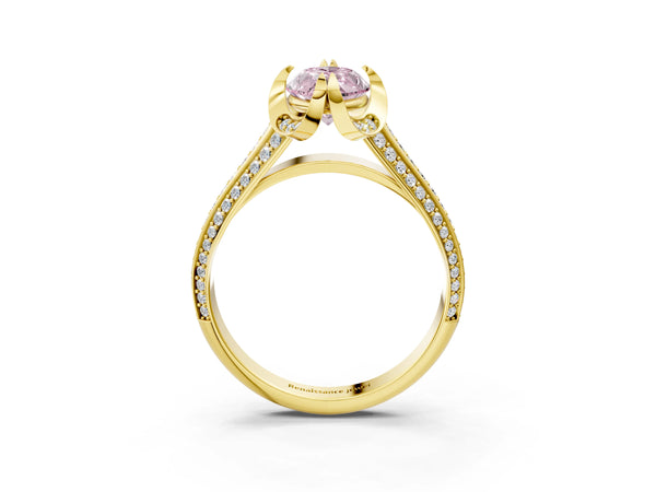 Yellow gold Fancy Pink Marquise  Solitaire Pave Split Shank Ring with Four-Prong Setting