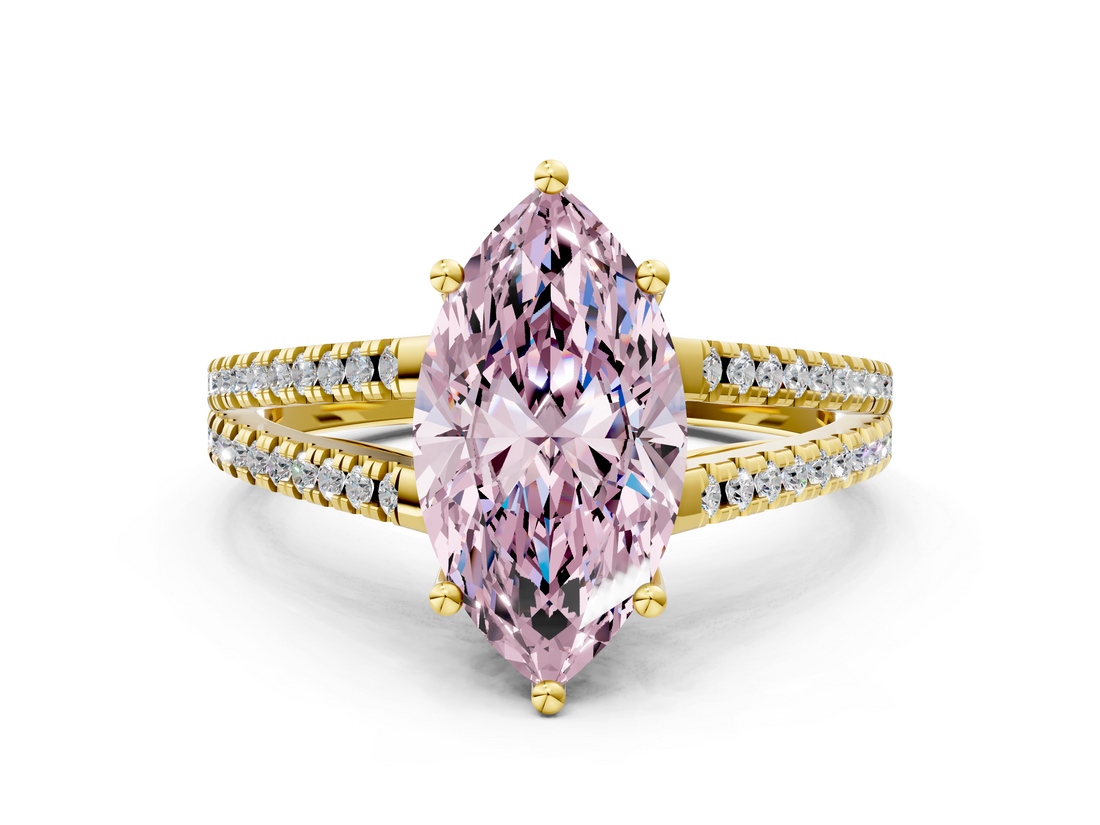 Yellow gold Fancy Pink Marquise  Solitaire Split Shank Pavé Diamond Engagement Ring_332