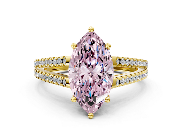Yellow gold Fancy Pink Marquise Cut Diamond Solitaire Engagement Ring with Split Shank Pavé Band