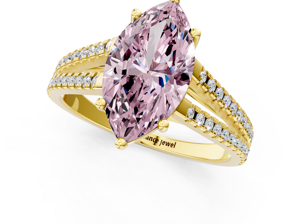 Yellow gold Fancy Pink Marquise Cut Diamond Solitaire Engagement Ring with Split Shank Pavé Band