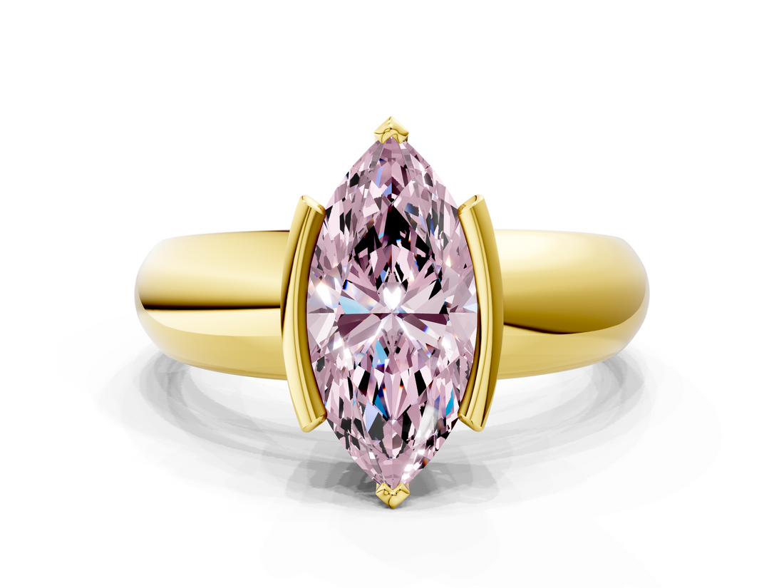 Yellow gold Fancy Pink Marquise  Solitaire Tension Set Diamond Ring with Wide Band_20