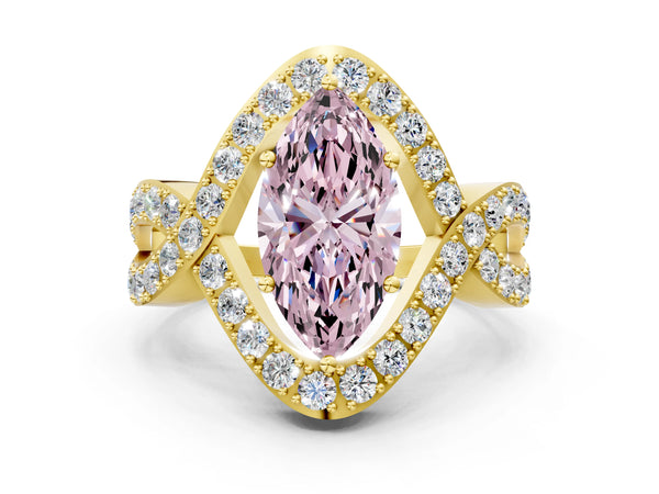 Yellow gold Fancy Pink Marquise  Solitaire Twist Band Pavé Diamond Engagement Ring