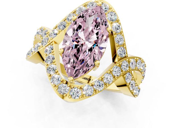 Yellow gold Fancy Pink Marquise  Solitaire Twist Band Pavé Diamond Engagement Ring
