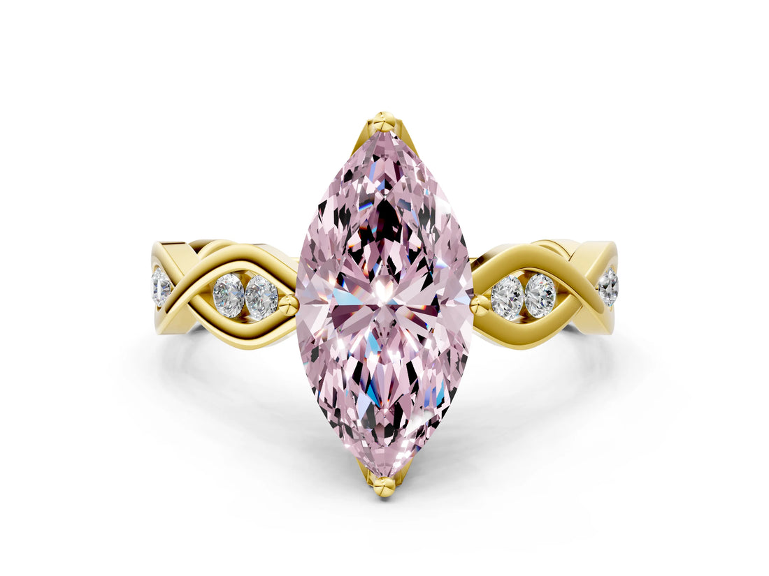 Yellow gold Fancy Pink Marquise  Solitaire Twist Band with Leaf Prong Setting 1