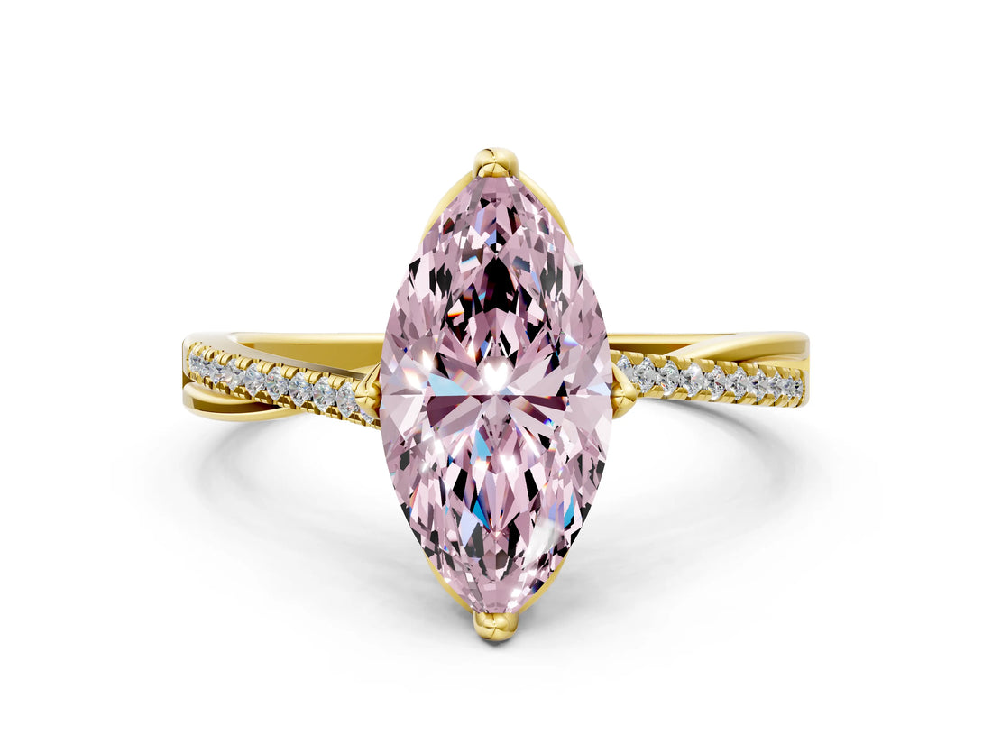 Yellow gold Fancy Pink Marquise  Solitaire Twist Band with Pavé Diamonds and Four-Prong Setting_84