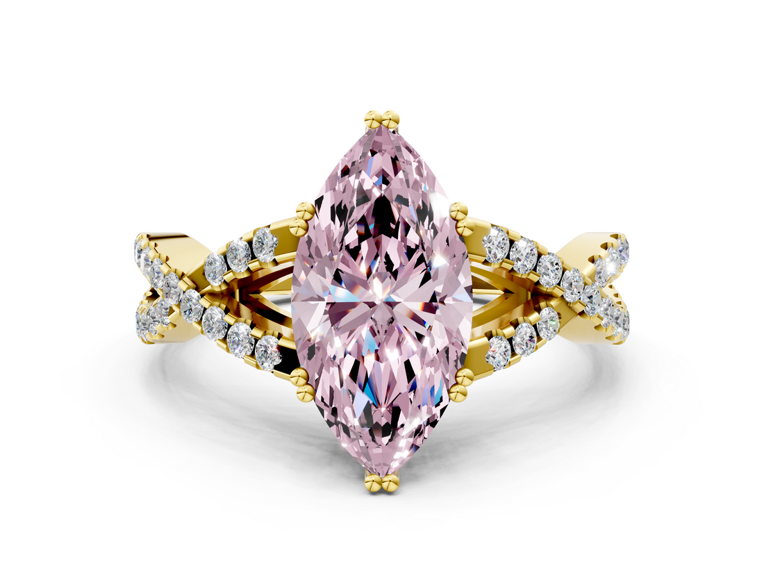 Yellow gold Fancy Pink Marquise  Solitaire Twist Band with Pavé Setting and Four-Prong Setting_17
