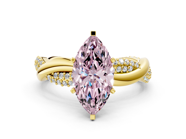 Yellow gold Fancy Pink Marquise  Solitaire Twist Band with Pave Prong Setting