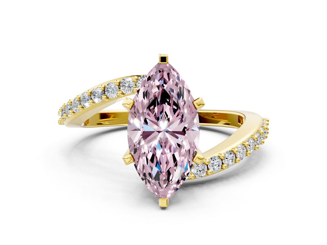 Yellow gold Fancy Pink Marquise  Solitaire Twist Band with Pave Set Diamonds and Four-Prong Setting_131
