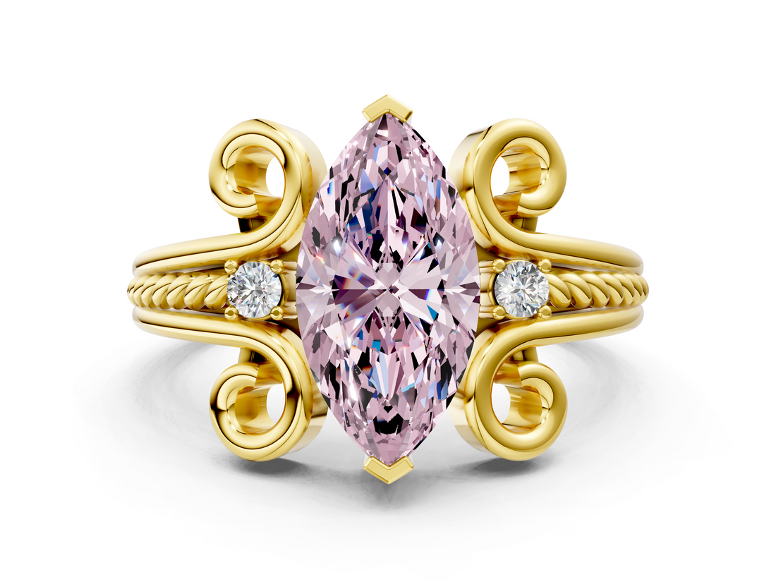 Yellow gold Fancy Pink Marquise  Solitaire Twisted Band Scroll Prong Ring_3