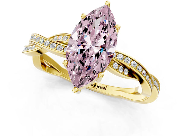 Yellow gold Fancy Pink Marquise  Solitaire Twisted Pave Diamond Ring with Four-Prong Setting