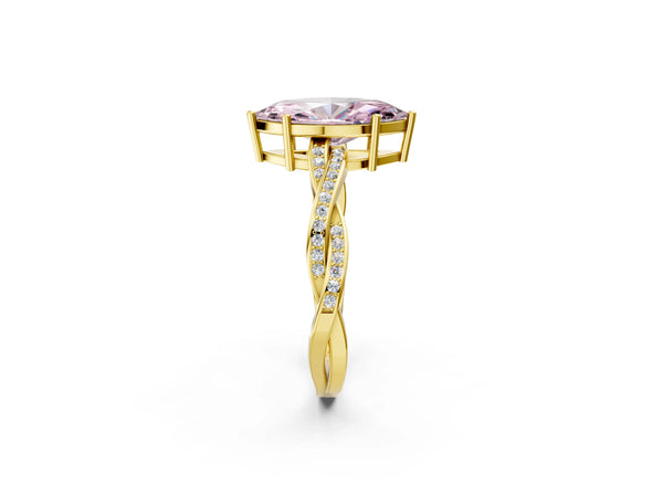 Yellow gold Fancy Pink Marquise  Solitaire Twisted Pave Diamond Ring with Four-Prong Setting