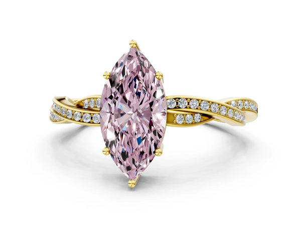Yellow gold Fancy Pink Marquise  Solitaire Twisted Pave Diamond Ring with Four-Prong Setting
