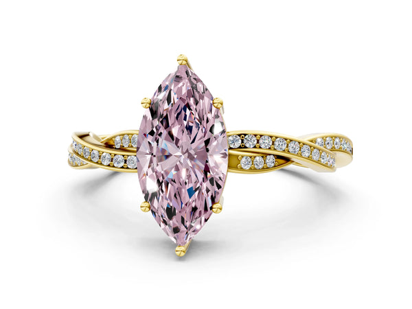 Yellow gold Fancy Pink Marquise  Solitaire Twisted Pave Diamond Ring with Four-Prong Setting