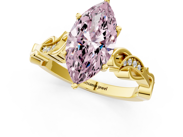 Yellow gold Fancy Pink Marquise  Solitaire Vine Band with Milgrain Prong Setting