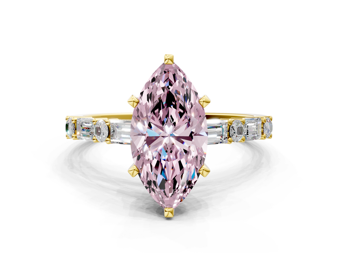 Yellow gold Fancy Pink Marquise  Solitaire with Side Baguettes and Channel Set Band_58