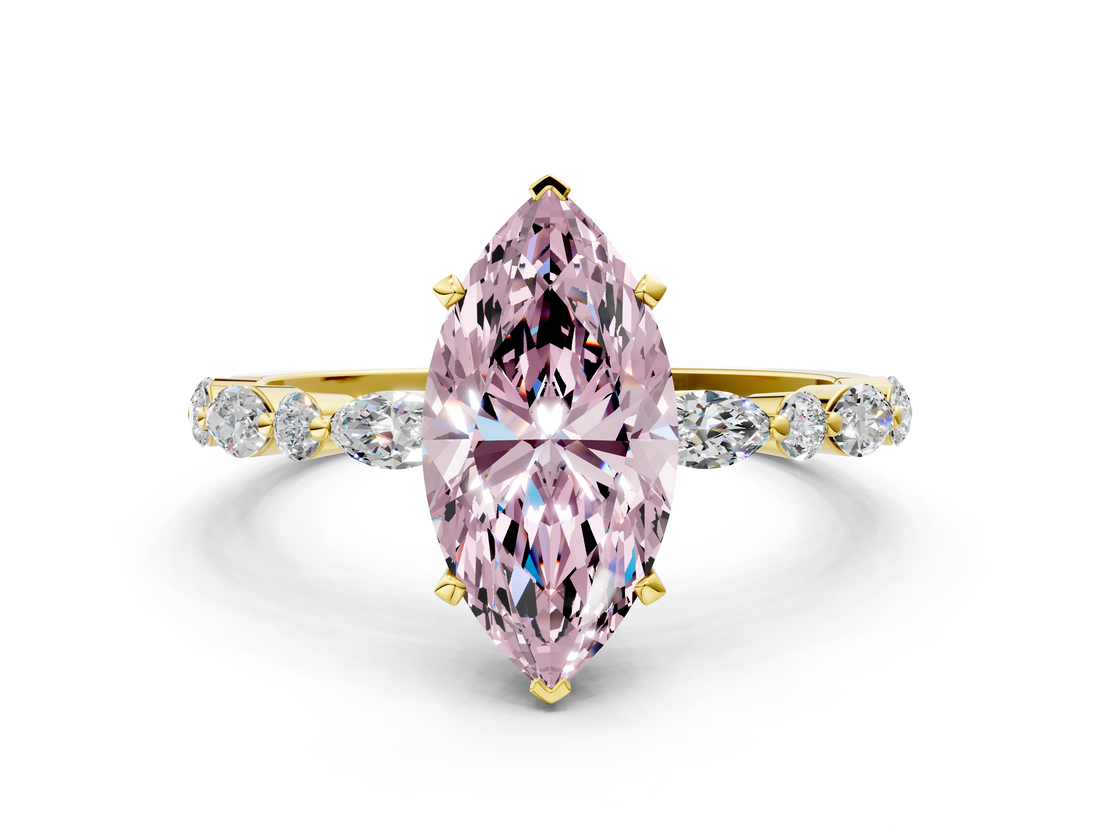 Yellow gold Fancy Pink Marquise  Solitaire with Side Stones on a Pavé Band and Four-Prong Setting_23