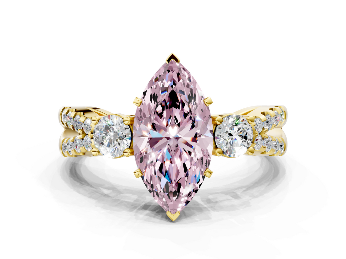 Yellow gold Fancy Pink Marquise  Three-Stone Diamond Ring with Pavé Split Shank and Four-Prong Setting_63