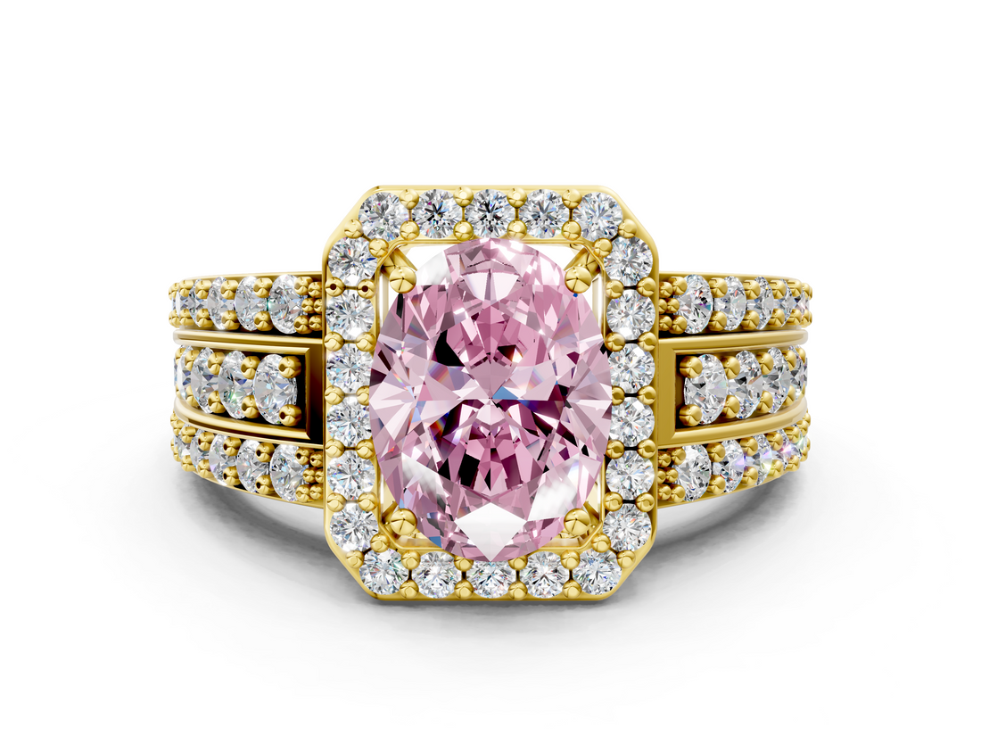 Yellow gold Fancy Pink Oval -Cut Halo Diamond Ring with Split Shank and Four-Prong Setting_71