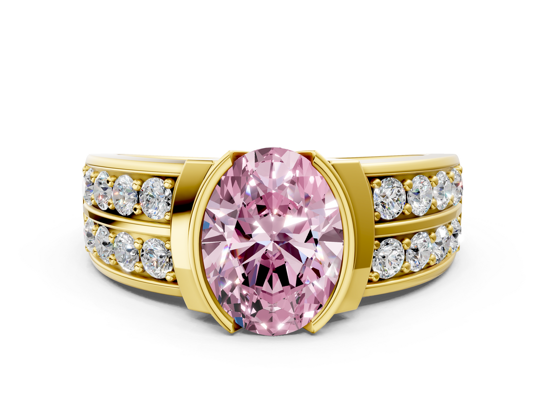 Yellow gold Fancy Pink Oval  Brilliant Diamond Channel Set Wide Band Ring with Bezel Setting_20