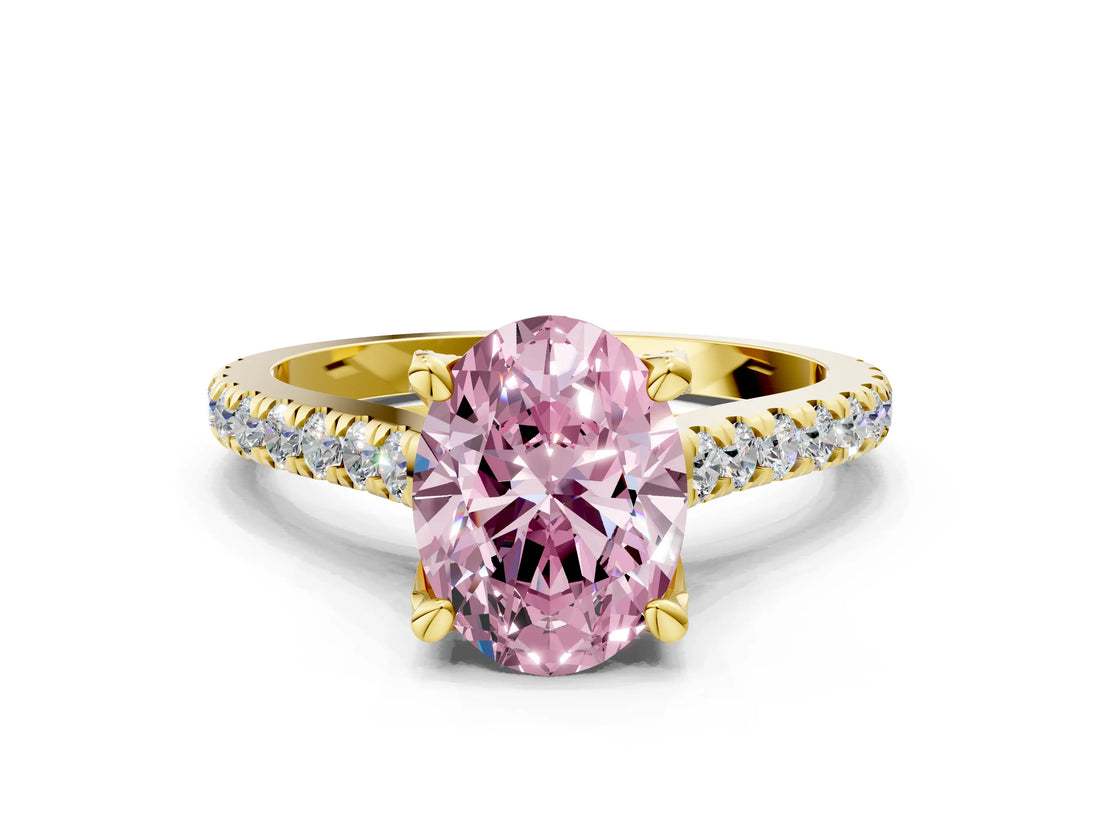 Yellow gold Fancy Pink Oval  Brilliant Diamond Solitaire with Pavé Band and Four-Prong Setting 2