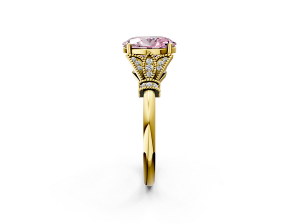 Yellow gold Fancy Pink Oval  Diamond Solitaire Ring with Floral Filigree and Pave Accents