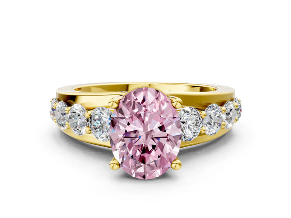 Yellow gold Fancy Pink Oval  Brilliant Solitaire with Side Stones on a Pave Band and Four-Prong Setting