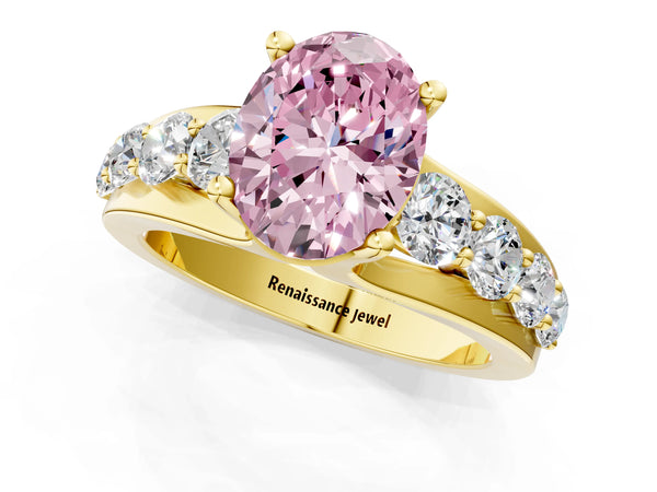 Yellow gold Fancy Pink Oval  Brilliant Solitaire with Side Stones on a Pave Band and Four-Prong Setting