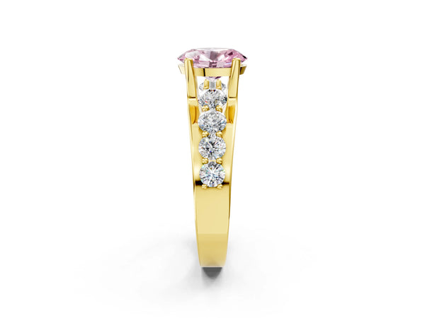 Yellow gold Fancy Pink Oval  Brilliant Solitaire with Side Stones on a Pave Band and Four-Prong Setting
