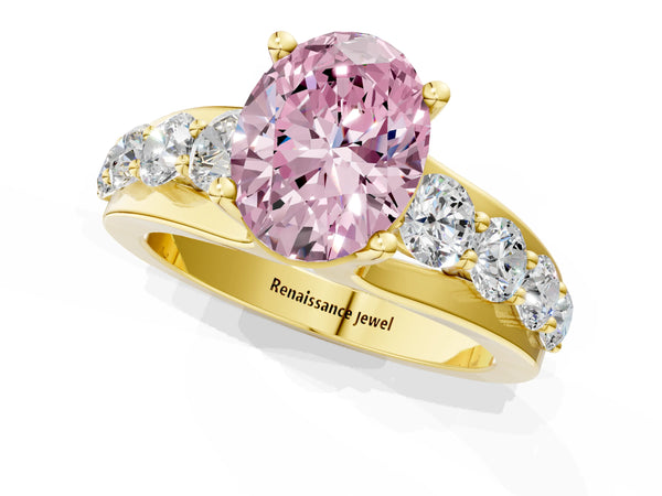 Yellow gold Fancy Pink Oval  Brilliant Solitaire with Side Stones on a Pave Band and Four-Prong Setting