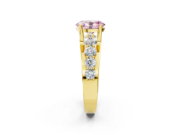 Yellow gold Fancy Pink Oval  Brilliant Solitaire with Side Stones on a Pave Band and Four-Prong Setting