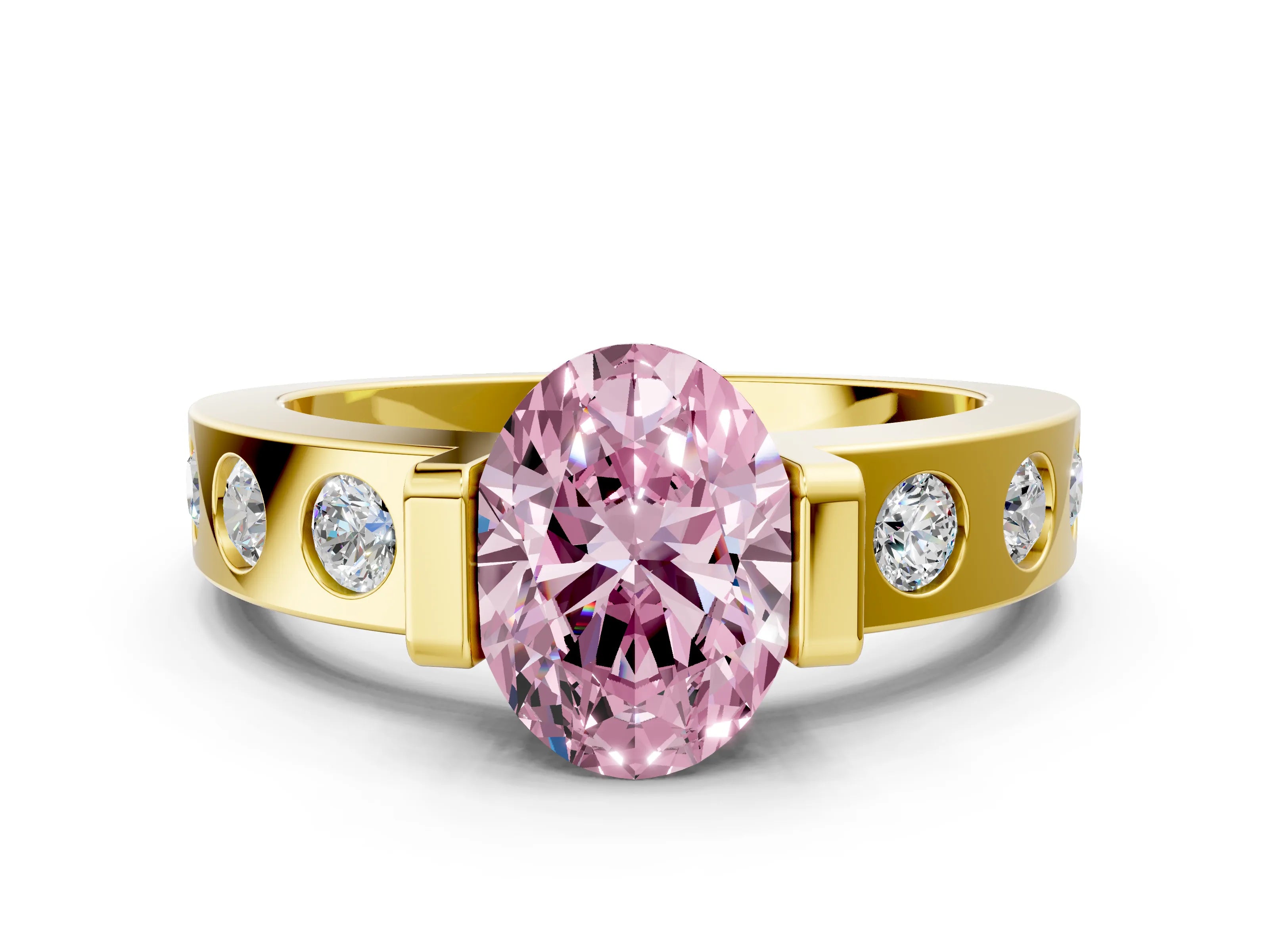 Yellow gold Fancy Pink Oval Cut Brilliant Channel-Set Diamond Ring with Bezel Prong Setting