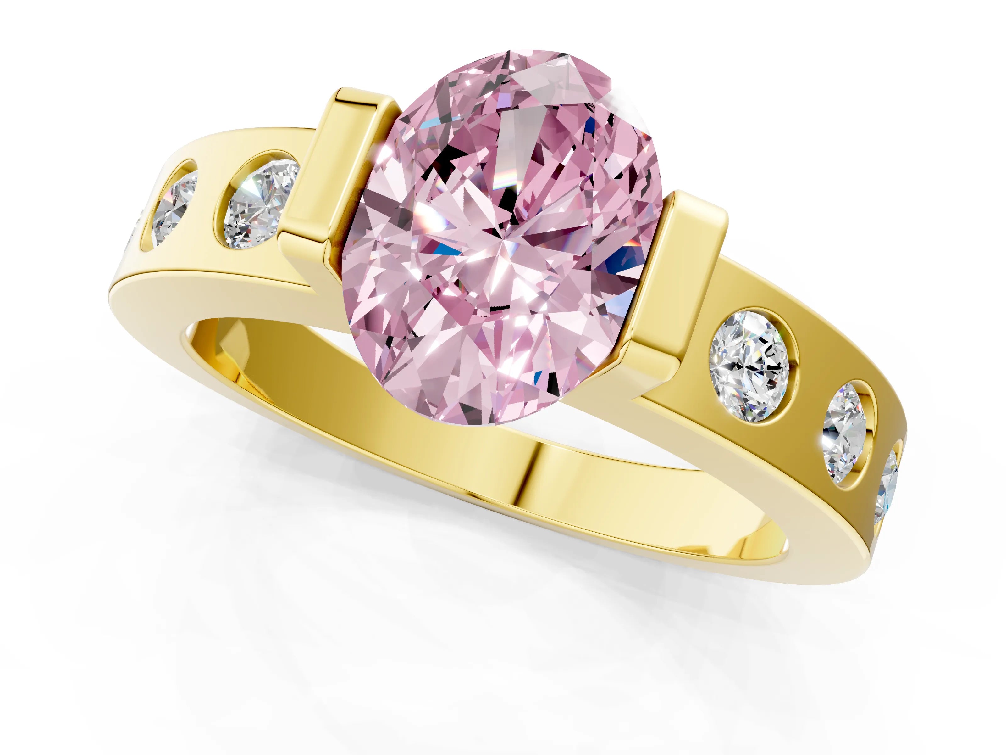 Yellow gold Fancy Pink Oval Cut Brilliant Channel-Set Diamond Ring with Bezel Prong Setting_1