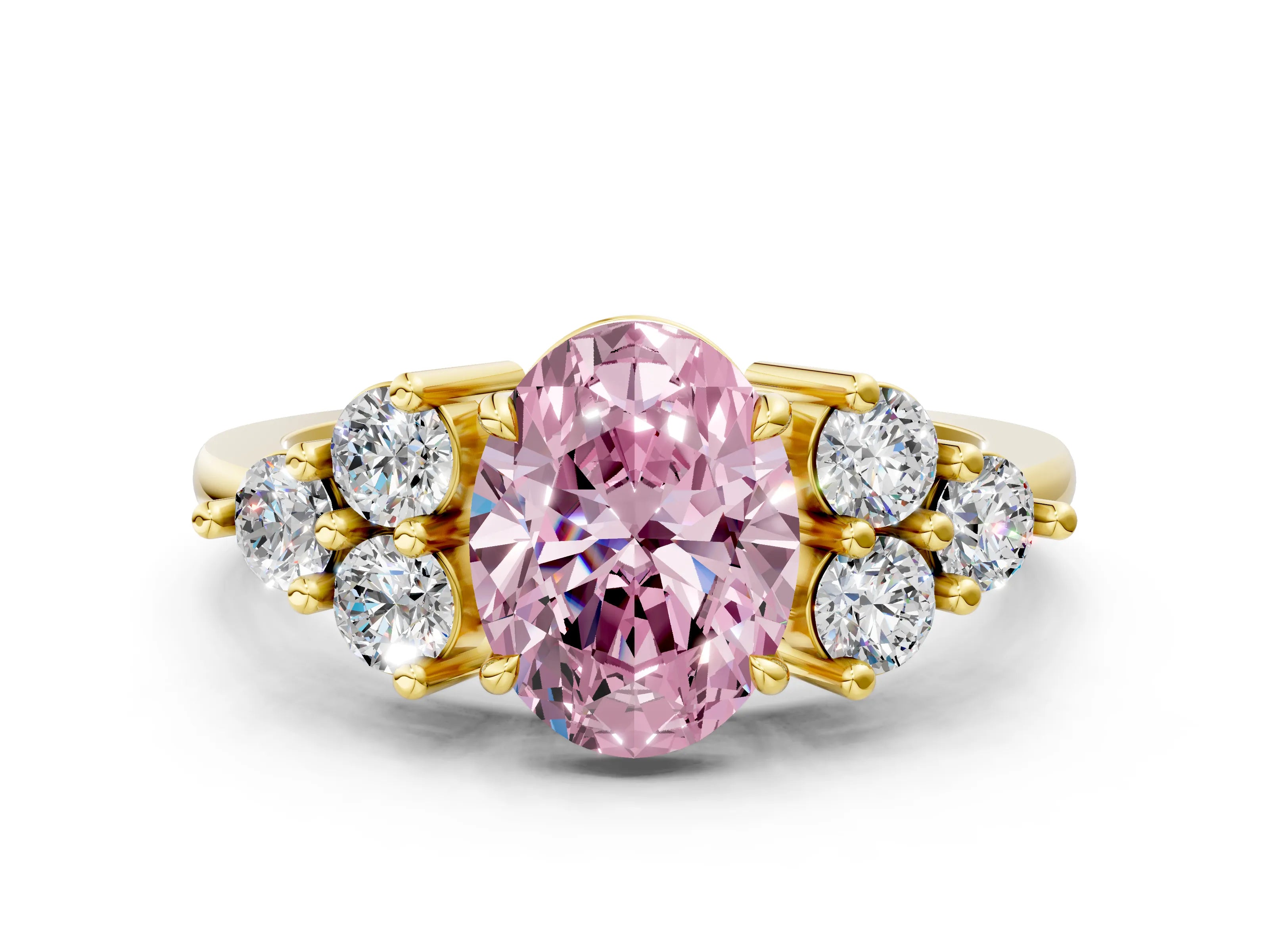 Yellow gold Fancy Pink Oval Cut Brilliant Diamond Cluster Accent Solitaire Ring with Prong Setting